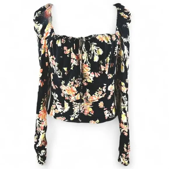 Free People Hilary Milkmaid Open Back Top Y2K Whimsigoth Coquette Black Floral L - Picture 3 of 11